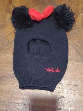 Disney Minnie Black Knit Balaclava Hat with Red Bow and Pom Poms